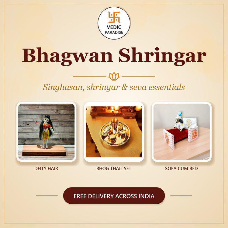 Bhagwan shringar and accessories - deity hair, bhog thali set and sofa cum bed for Laddu Gopal