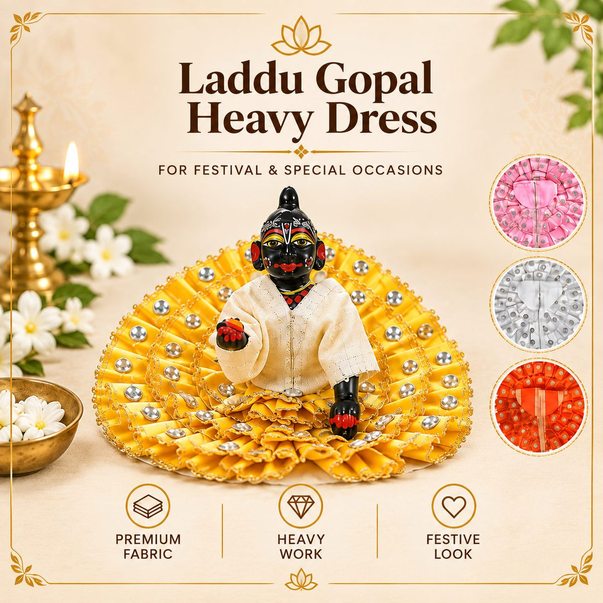 Laddu Gopal dress - handmade Kanha ji poshak and pagdi sets at Vedic Paradise