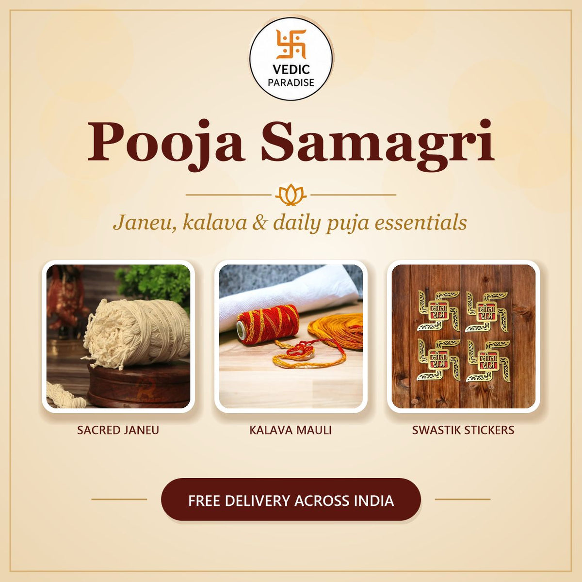 Pooja samagri online - sacred janeu, kalava mauli and swastik stickers at Vedic Paradise