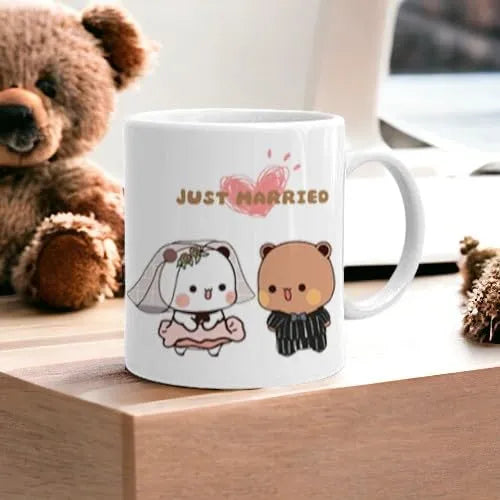 Printed Bubu Dudu 'Just Married' Cute Mug – Perfect Anniversary Gift for Couples (Set of 1)