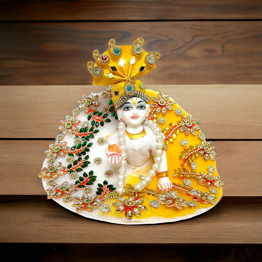 Handmade Laddu Gopal ji/Krishna ji Designer Dress with Artificial Mala, Pearl Stone With Pagdi (Yellow, Size- 4)