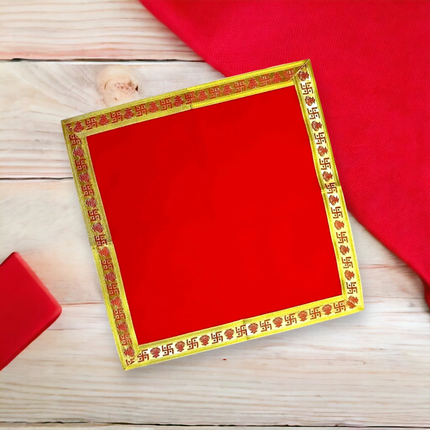 Red Velvet Chowki Aasan | Swastik Lace Velvet Aasan For Temple and Other Puja Rituals